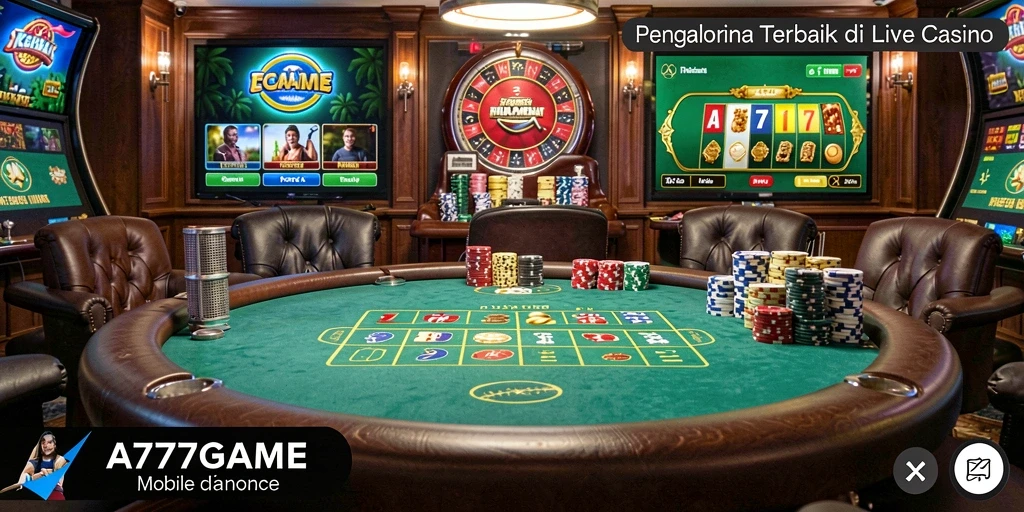 Screenshot A777GAME menunjukkan dealer profesional dan suasana permainan Live Casino yang menegangkan.