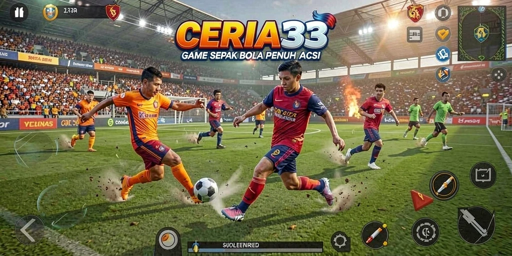 Screenshot utama CERIA33 menampilkan aksi seru dalam pertandingan sepak bola.
