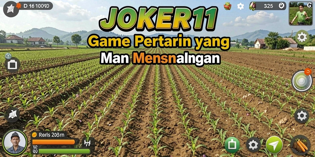 Screenshot Gameplay JOKER11 menampilkan kebun yang rimbun dan petani sibuk bekerja.