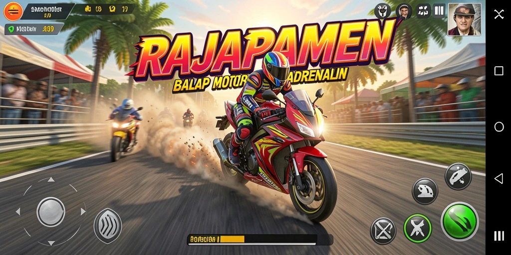 Gameplay RAJAPAMEN yang menampilkan aksi balap motor yang seru.