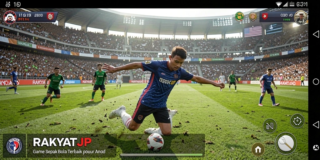 Screenshot gameplay RAKYATJP menampilkan aksi seru di lapangan sepak bola.